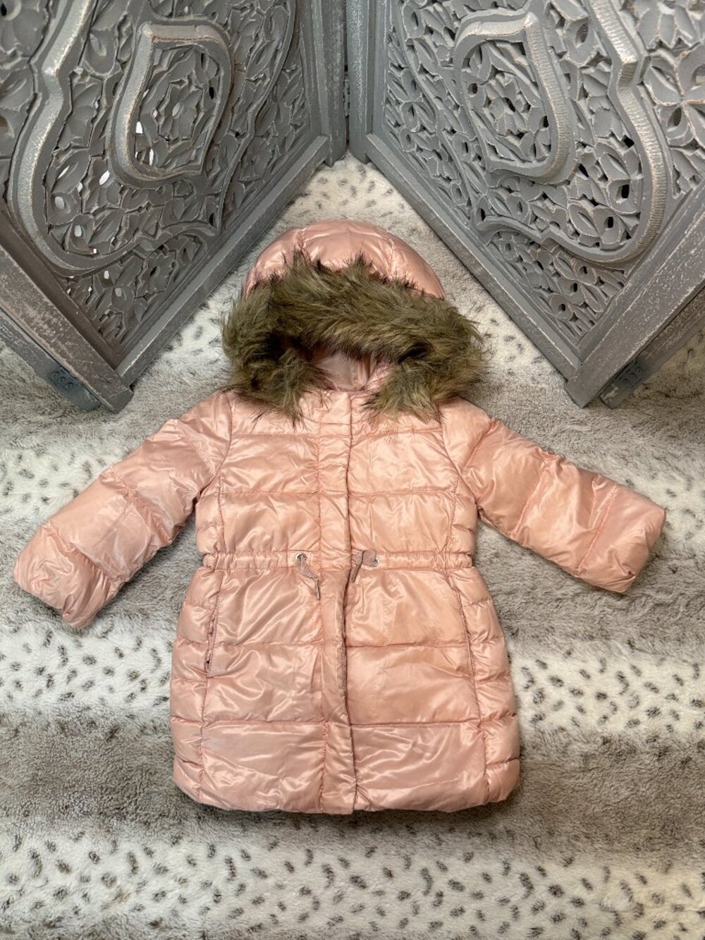 Baby GAP rose gold puffer jacket girls 2T faux fur glam metallic outdoor winter